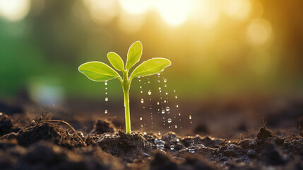 Agriculture. Watering one green sprout in the soil field. Water drops for irrigation. Concept of...