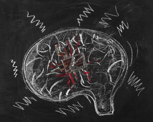 Icon brain chipping, hand draw on chalkboard, blackboard texture