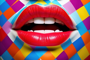 Sexy female lips with bright makeup. Close-up portrait, Pop Art, Ai Generated