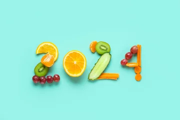 Deurstickers Figure 2024 made of fresh fruits and vegetables on color background © Pixel-Shot