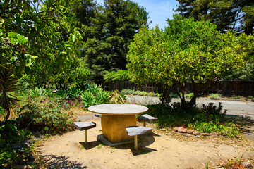 Fototapeta na wymiar Peaceful and serene wooden benches around circular stone table in park garden on bright day