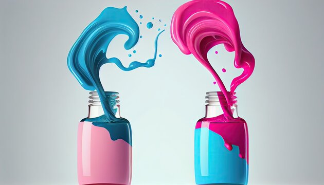 pink blue liquid nail polish splash form bottle 3d rendering clipping path fashion paint female manicure colours beauty spill drip make-up enamel glamour care background shiny style pour isolated