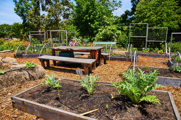 Ground planters in sunny community crops with park bench at the Gardens at Lake Merritt