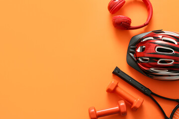Fototapeta Set of sports equipment with headphones on color background obraz