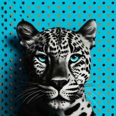 Tiger Head | Pop Art | Bright and Pop black and blue colors | dotted background | bold colors, flat surfaces, mass-production | Vibrant, Iconic, Generative AI