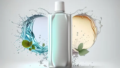 Poster natural cosmetic blank bottle packaging water splash essence care promotion container skin glistering beauty product cream luxury advertisement collagen three-dimensional element facial commercial © akkash jpg