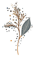 A PNG file of a stylized botanical illustration with abstract floral elements in autumn-winter colors on a transparent backdrop. A hand-drawn branch with dots, created on a tablet. - 681813583
