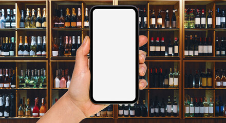 Online service for alcohol delivery. Liquor delivery mobile app mockup. Smart phone with blank...