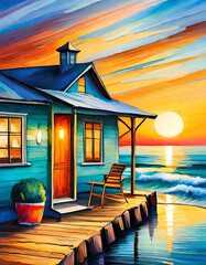 Pop art painting of a beach house at sunset, dark turquoise and orange, palette