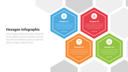 hexagon or hexagonal honeycombs shape infographics template diagram with fullpage on right layout with 4 point step creative design for slide presentation