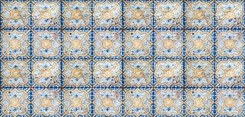 Tapeten Detail texture of floral blue, yellow and white wall tiles typically for Portuguese cities like Porto or Lisbon © Sven Taubert
