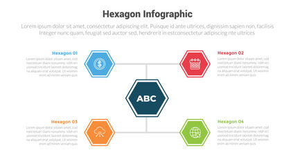 hexagon or hexagonal honeycombs shape infographics template diagram with linked with line hexagon with 4 point step creative design for slide presentation