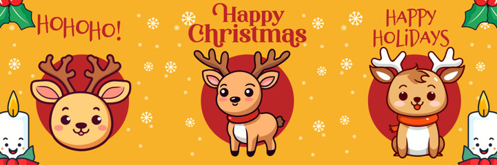 Cute Reindeer, Merry Christmas and Happy New Year: Collection Christmas Banner, Greeting Card. Holiday Cartoon Animal Character in Winter Season, Vector