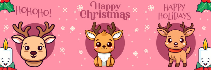 Greeting Card: Collection Christmas Banner with Cute Reindeer, Merry Christmas and Happy New Year. Holiday Cartoon Animal Character in Winter Season, Vector