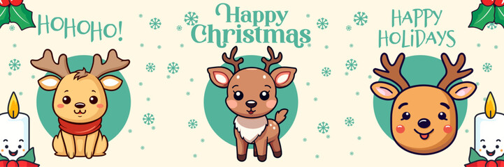 Merry Christmas and Happy New Year: A Collection Banner with Cute Reindeer, Greeting Card. Holiday Cartoon Animal Character in Winter Season, Vector
