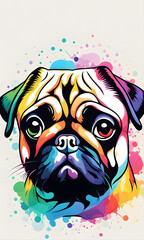 Pug Colorful Watercolor Animal Artwork Digital Graphic Design Poster Gift Card Template