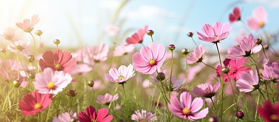 In a scenic background of a large summer field, a beautiful group of pink flowers adorns the green landscape, showcasing the beauty of nature in full bloom during springtime.