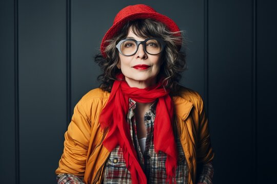Funny hipster woman in red hat and glasses on dark background