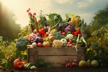 Abundant Harvesting box of vegetables. Organic market. Generate Ai - obrazy, fototapety, plakaty