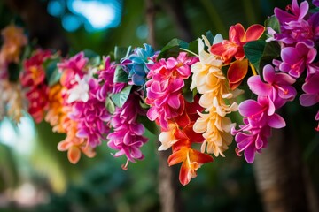 Tropical Hawaii garland flowers. Tropical vacation. Generate Ai