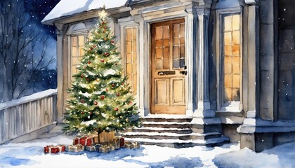 Fototapeta premium christmas, tree, garland, gift, light, merry, star, garlands, gifts, lights, golden, red, green, yellow, snow, happy, celebration, decoration, winter, xmas, holidays, box, present, digital, painting