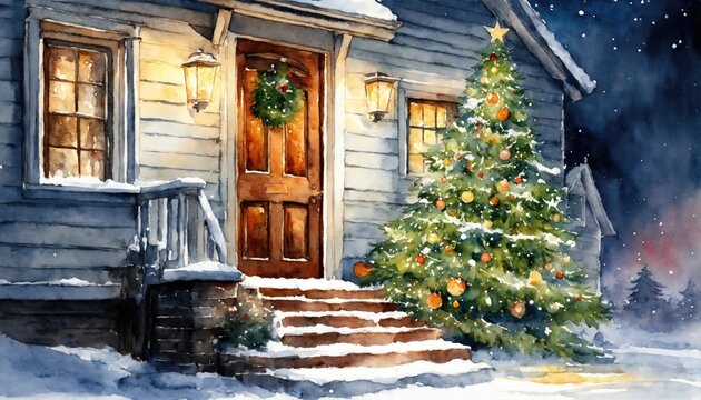 christmas, tree, garland, gift, light, merry, star, garlands, gifts, lights, golden, red, green, yellow, snow, happy, celebration, decoration, winter, xmas, holidays, box, present, digital, painting
