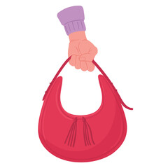 Female hand hold bag. Fashionable leather bag in hand, female palm holding casual baguette bag flat vector illustration. Red leather bag in hand