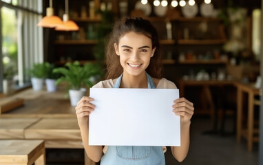 A smiling girl is holding a white blank sign, she is inside a small business with people working. business vibe