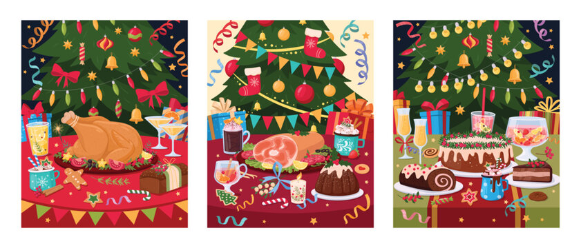 Festive Christmas table posters. Winter holidays meal, cartoon dishes on table, traditional holiday sweets and desserts flat vector illustration set. Christmas holidays cardWeb