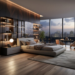 modern bedroom with light grey, AI Generative.