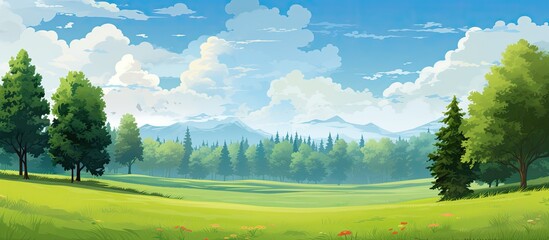 In the breathtaking summer landscape, the lush green forest extended as far as the eye could see, with tall pine trees reaching towards the sky, their leaves shimmering in the sun, blending seamlessly