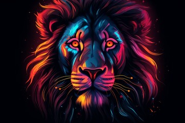 Obraz premium Head of lion with neon style. Wildlife predator. Generate Ai