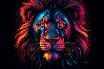 Head of lion with neon style. Wildlife predator. Generate Ai