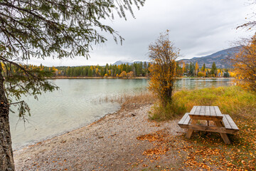 Tie Lake Provincial Park in British Columbia, Canada. Autumn colors leaves on the trees