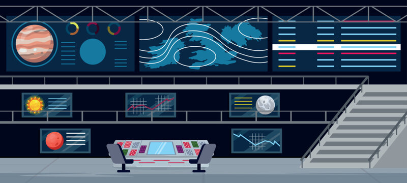 Vector illustration inside a spaceship. Cartoon scene of a spaceship interior with various screens depicting graphs, research, measurements, planets of the solar system, equipment .