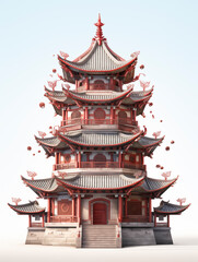 Traditional temple in the Chinese traditional style, lunar New Year festival. 3D style