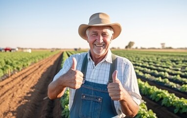A farmer facing to the camera on a field giving thumbs up