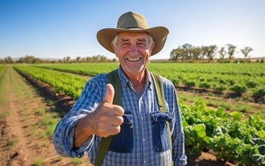 Fototapeta premium A farmer facing to the camera on a field giving thumbs up