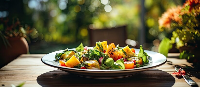 In the light of a crisp autumn day, a white plate sat adorned with a colorful salad of green and orange leaves and pumpkin, topped with organic vegetables and cheese. The healthy, natural and vibrant