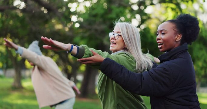 Yoga class, park and senior people with instructor exercise together in nature for health and wellness training. Peace, balance and elderly woman outdoor workout or stretching for body fitness