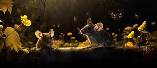 Foto op Plexiglas At the Halloween party, amidst the beautiful black night, a mouse and bat wandered from the garden into the wilderness, showcasing their natural wings in a stunning display of wildlife fauna © 2rogan