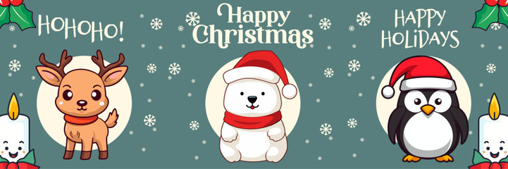 Season’s Greetings: Collection Christmas Banner with Polar Bear, Reindeer, and Penguin. Merry Christmas and Happy New Year, Vector Greeting Card. Holiday Cartoon Animals in Winter Season