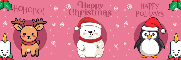 Merry Christmas and Happy New Year: A Collection Banner with Charming Polar Bear, Reindeer, and Penguin. Holiday Cartoon Animals in Winter Season, Vector