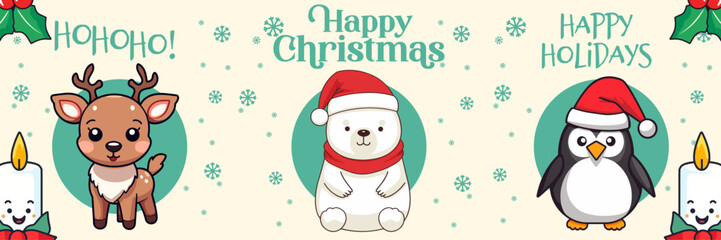 Vector Collection Christmas Banner: Polar Bear, Reindeer, and Penguin in Winter Season. Merry Christmas and Happy New Year Greeting Card with Holiday Cartoon Animals