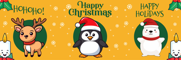 Winter Season Collection Banner: Cute Polar Bear, Reindeer, and Penguin. Merry Christmas and Happy New Year Greeting Card. Holiday Cartoon Animals, Vector