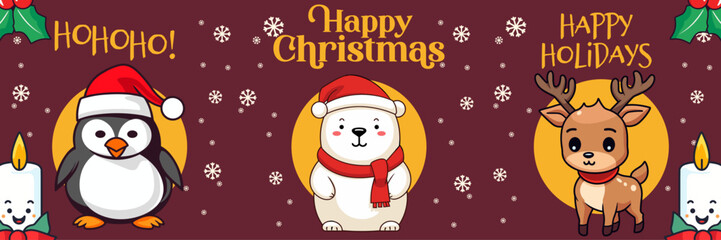 Festive Collection Banner with Adorable Polar Bear, Reindeer, and Penguin: Merry Christmas and Happy New Year Greeting Card. Cartoon Animals in Winter Season, Vector