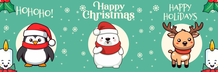 Vector Greeting Card: Collection Christmas Banner with Polar Bear, Reindeer, and Penguin. Merry Christmas and Happy New Year. Holiday Cartoon Animals in Winter Season