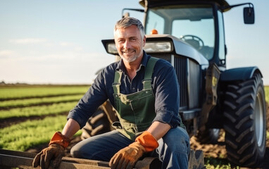A farmer with work gloves in front of his tractor on a field