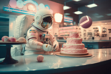 An astronaut in a very nice pastry shop from the 50s eating a cake. Funny astronaut concept.
