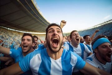 Latin american football fans from Argentina celebrating a goal inside a stadium - obrazy, fototapety, plakaty